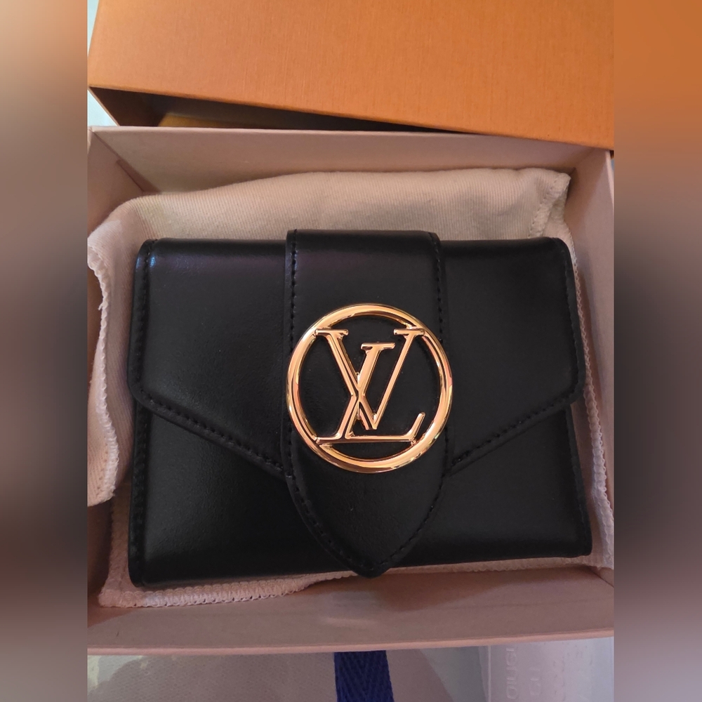 Louis Vuitton Portefeuille Pont Neuf Leather Black/Pink Trifold Wallet!